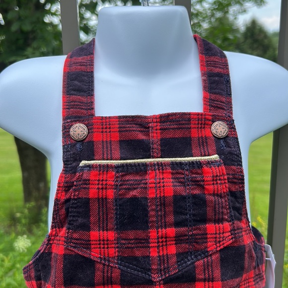 NWT Oshkosh Red & Black Plaid Velvet Overall Vestbak Jumper Dress Size 24M - Picture 2 of 11